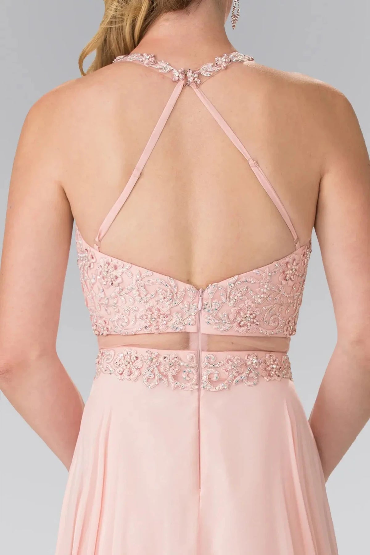 Blush prom evening dress mock two-piece skirt detail