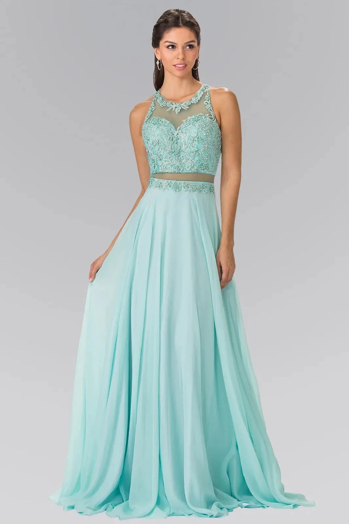 Mint embroidered prom evening dress full front