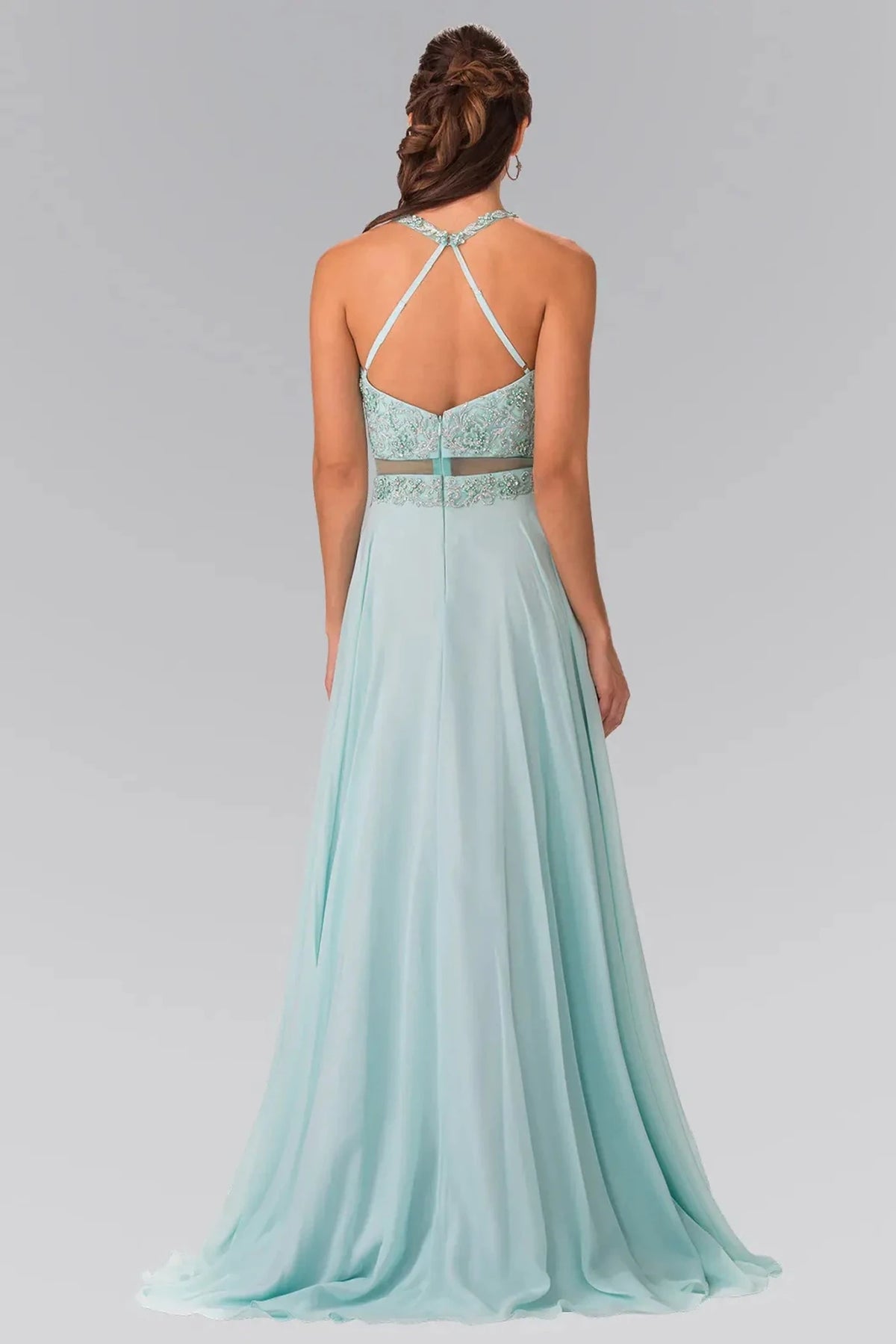 Mint prom evening dress full back with open back