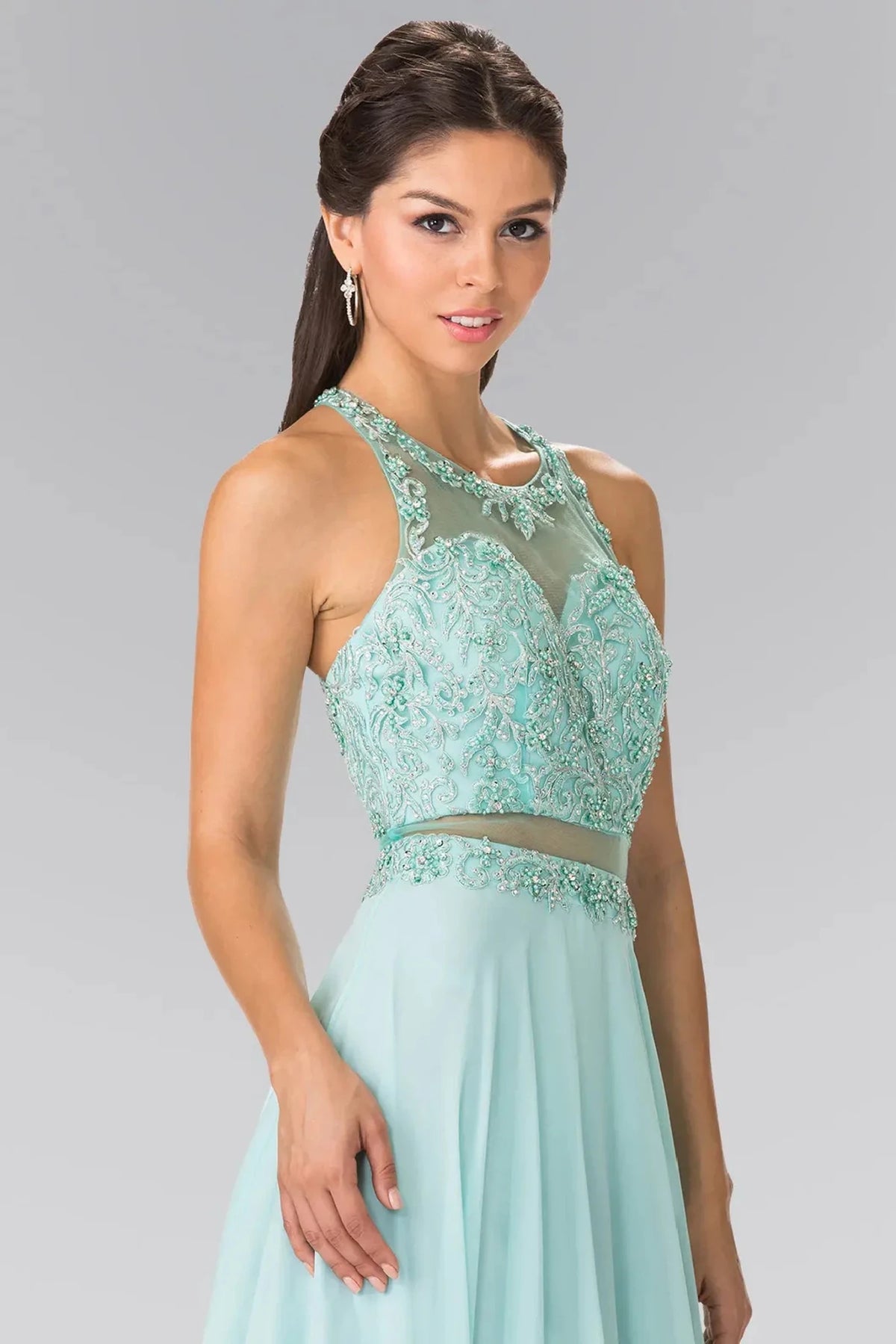 Mint crew-neck prom evening dress upper front with beads, embroidery, jewel