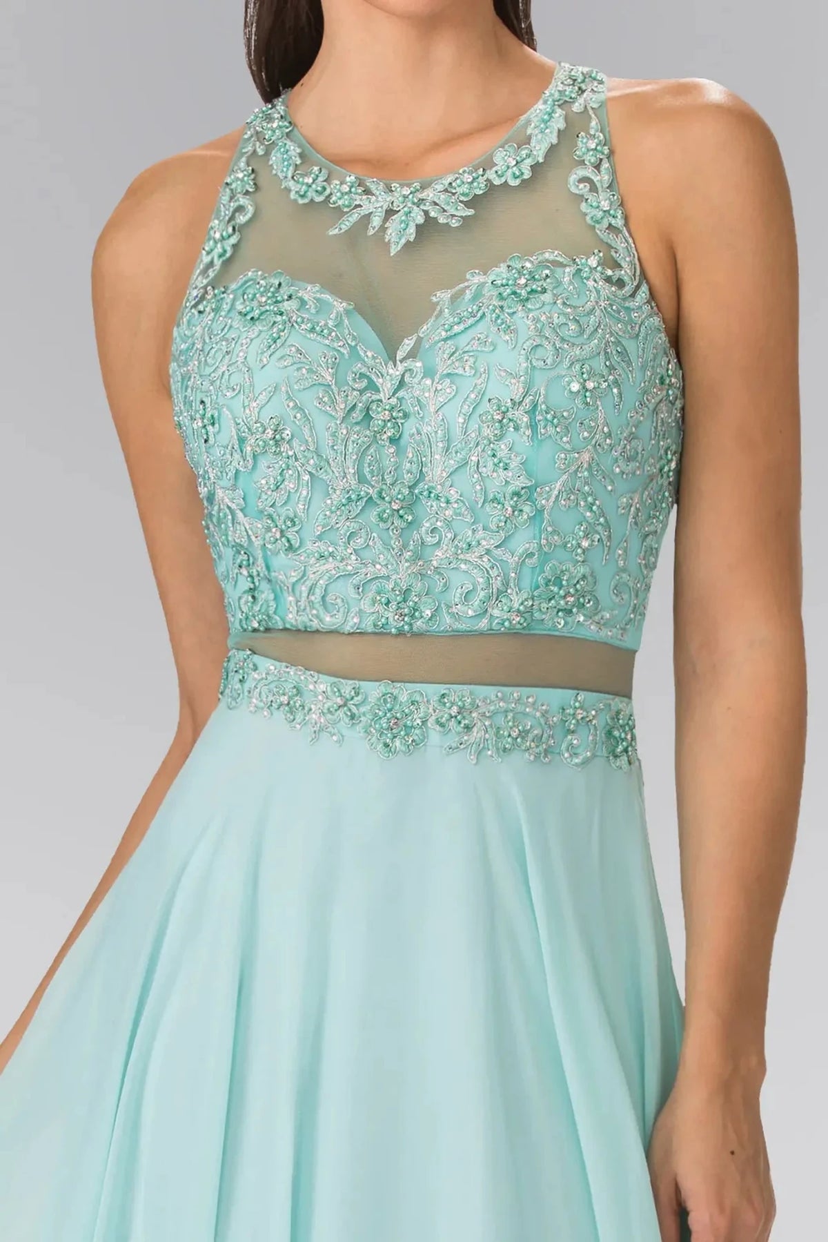 Mint prom evening dress mock two-piece skirt detail