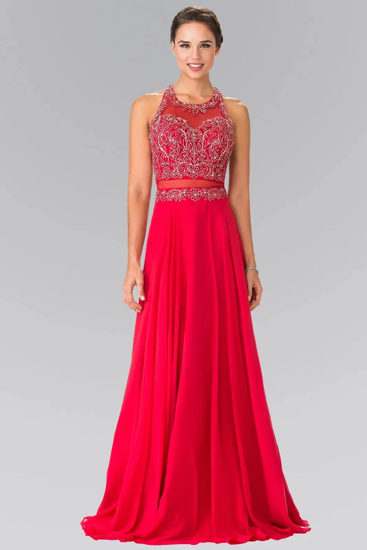 Red embroidered prom evening dress full front