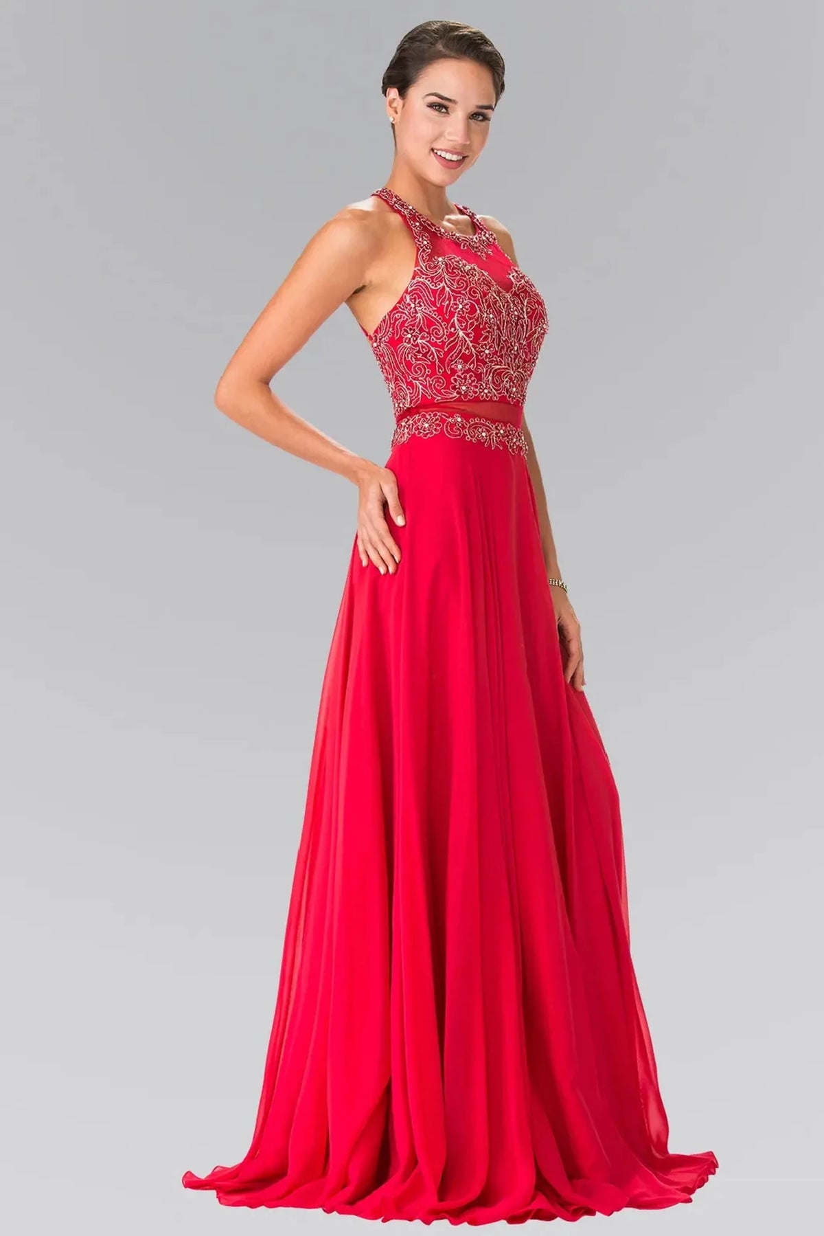 Red prom evening dress full back with open back