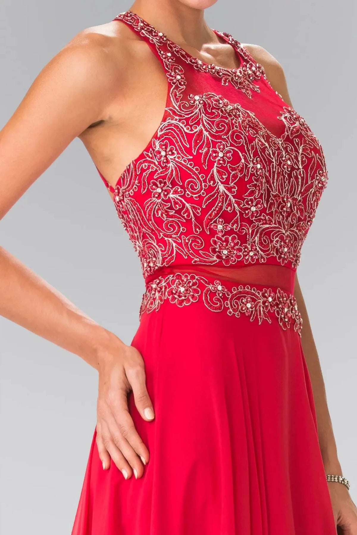 Red crew-neck prom evening dress upper front with beads, embroidery, jewel