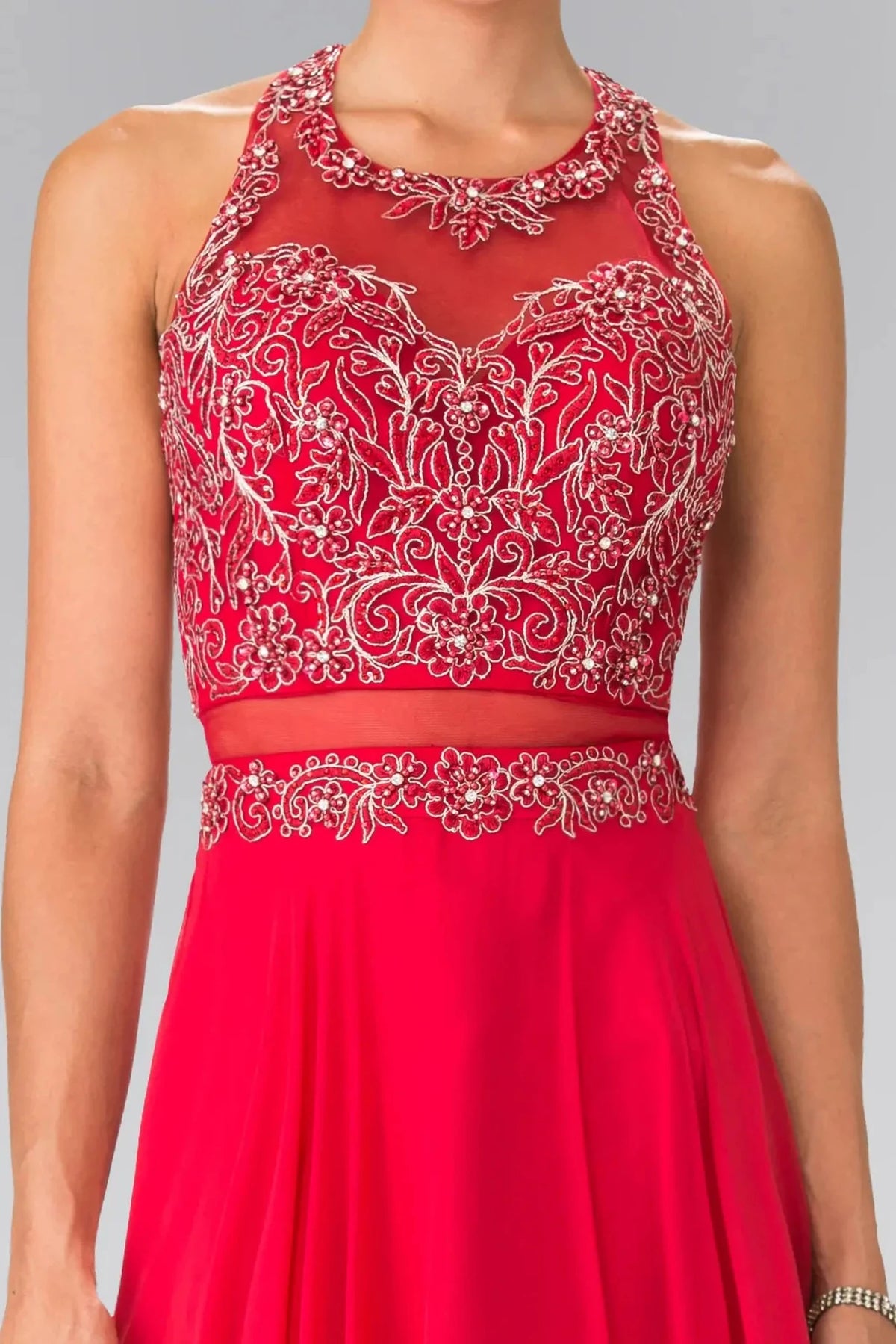 Red prom evening dress mock two-piece skirt detail
