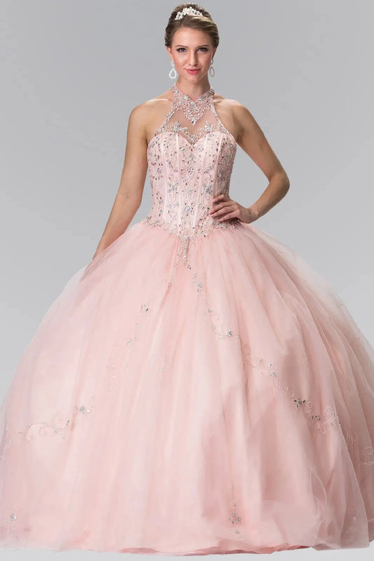 Sweeping Blush quinceañera ball gown is shown in full with a jeweled illusion halter bodice and crystal-dotted tulle skirt.