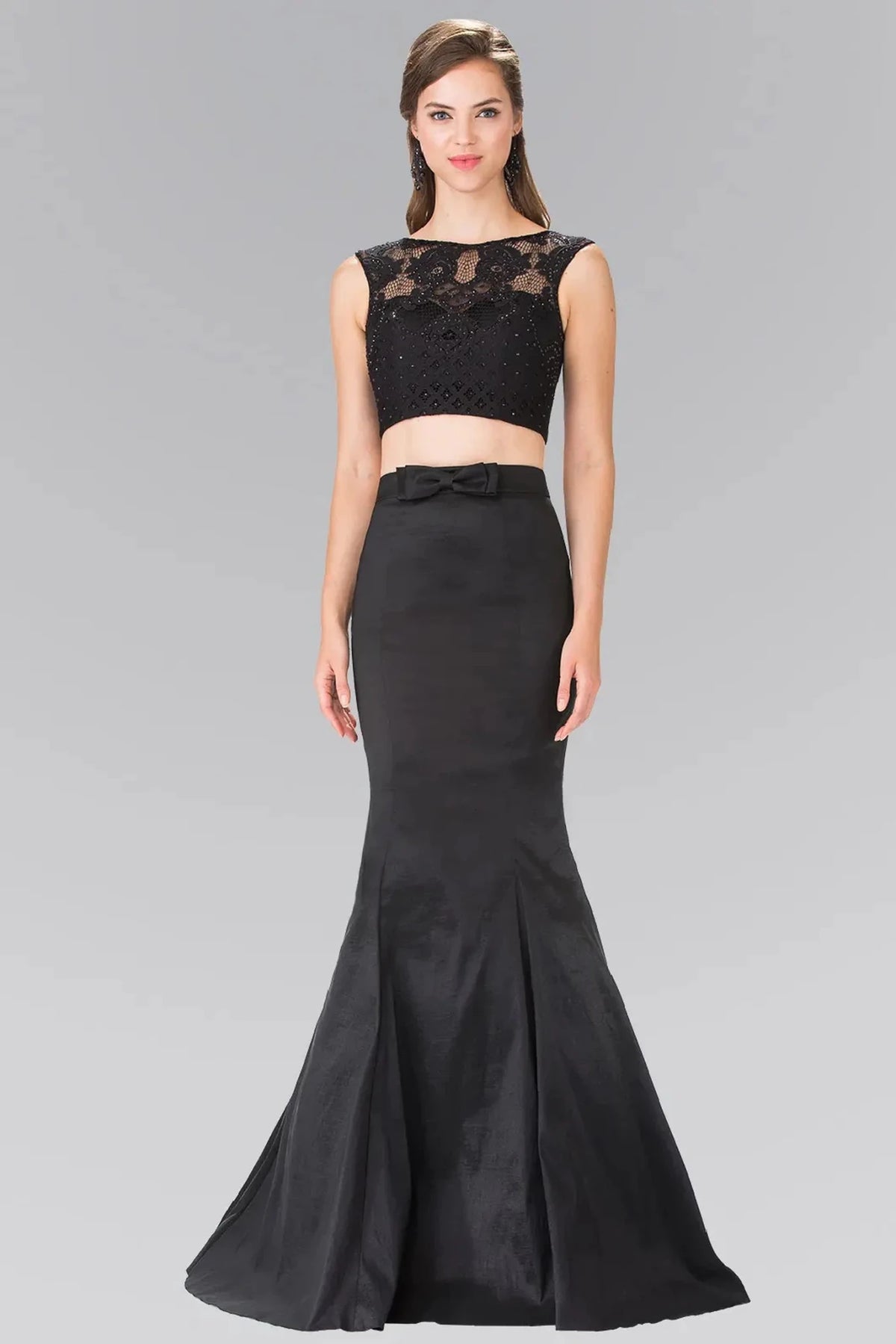 Black beaded prom evening dress full front