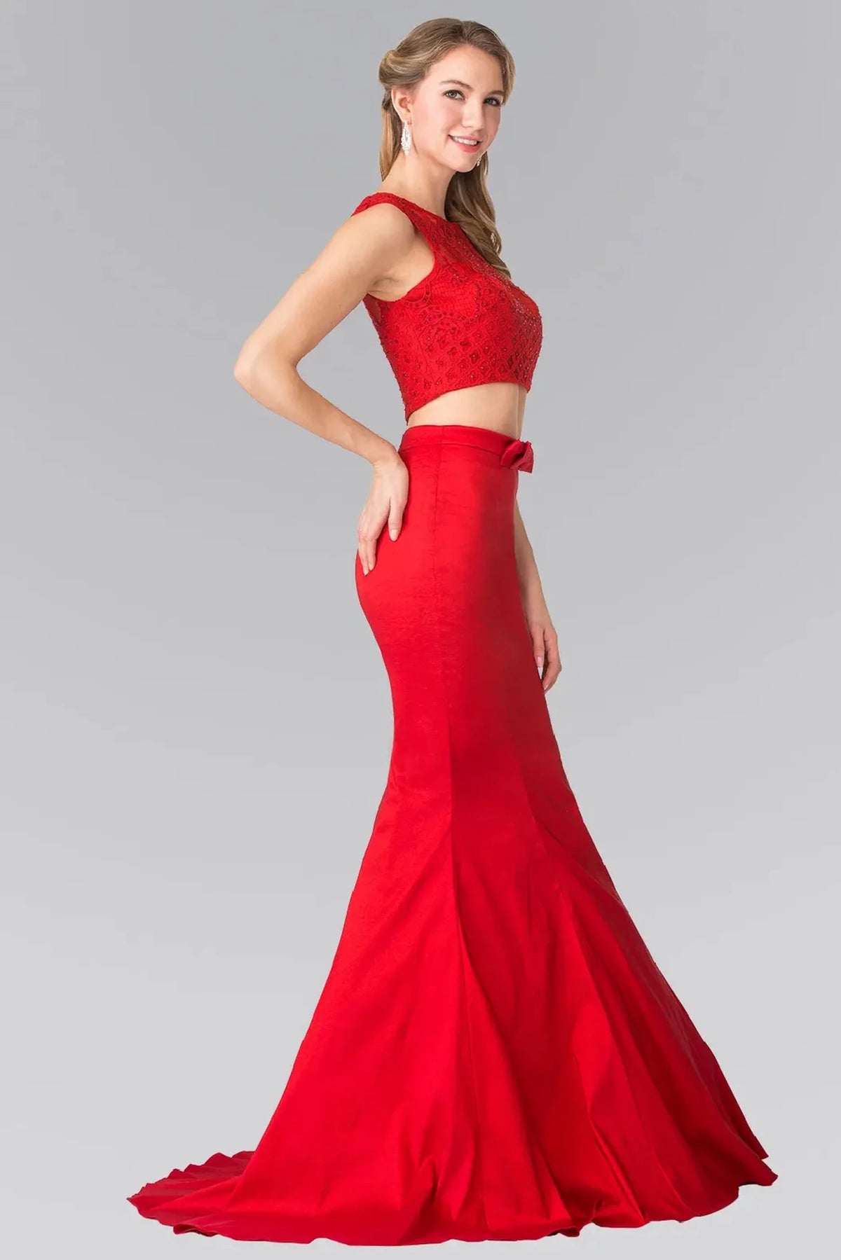 Red beaded prom evening dress full front