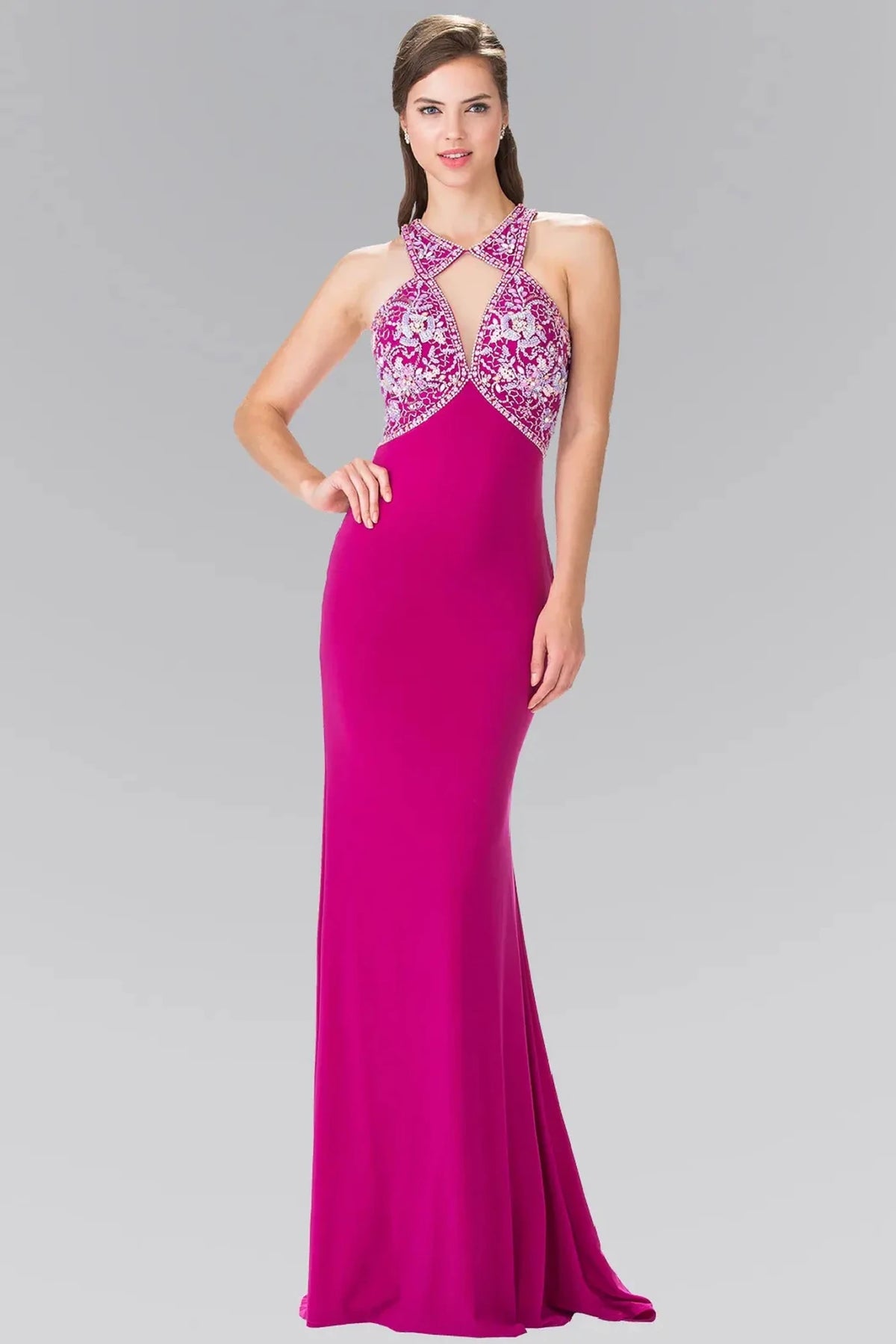 Magenta sequin prom evening dress full front