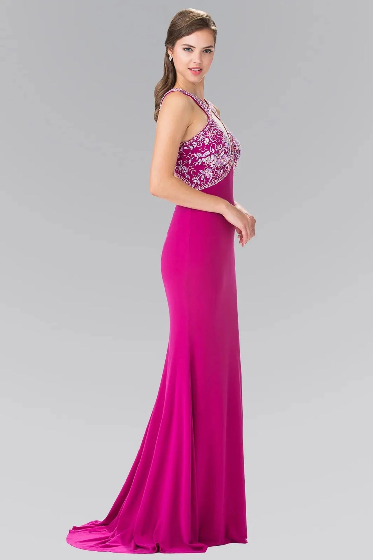 Magenta prom evening dress full back with back detail