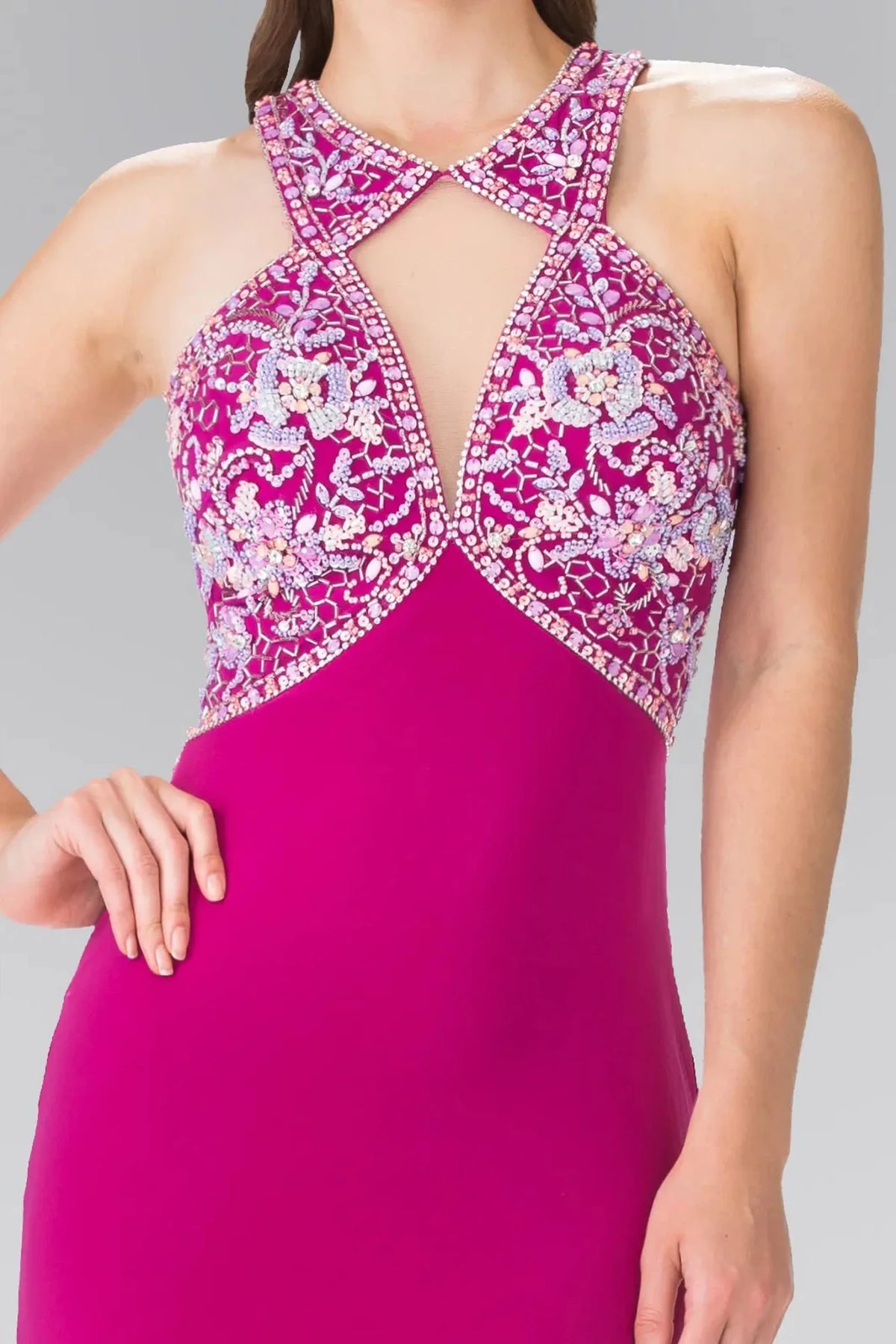 Magenta crew-neck prom evening dress upper front with beads, sequin