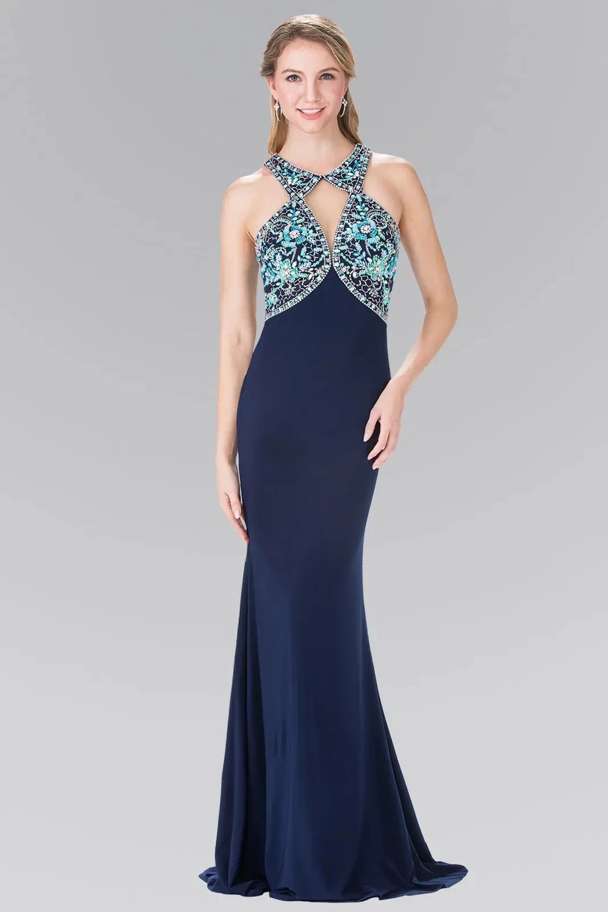 Navy sequin prom evening dress full front