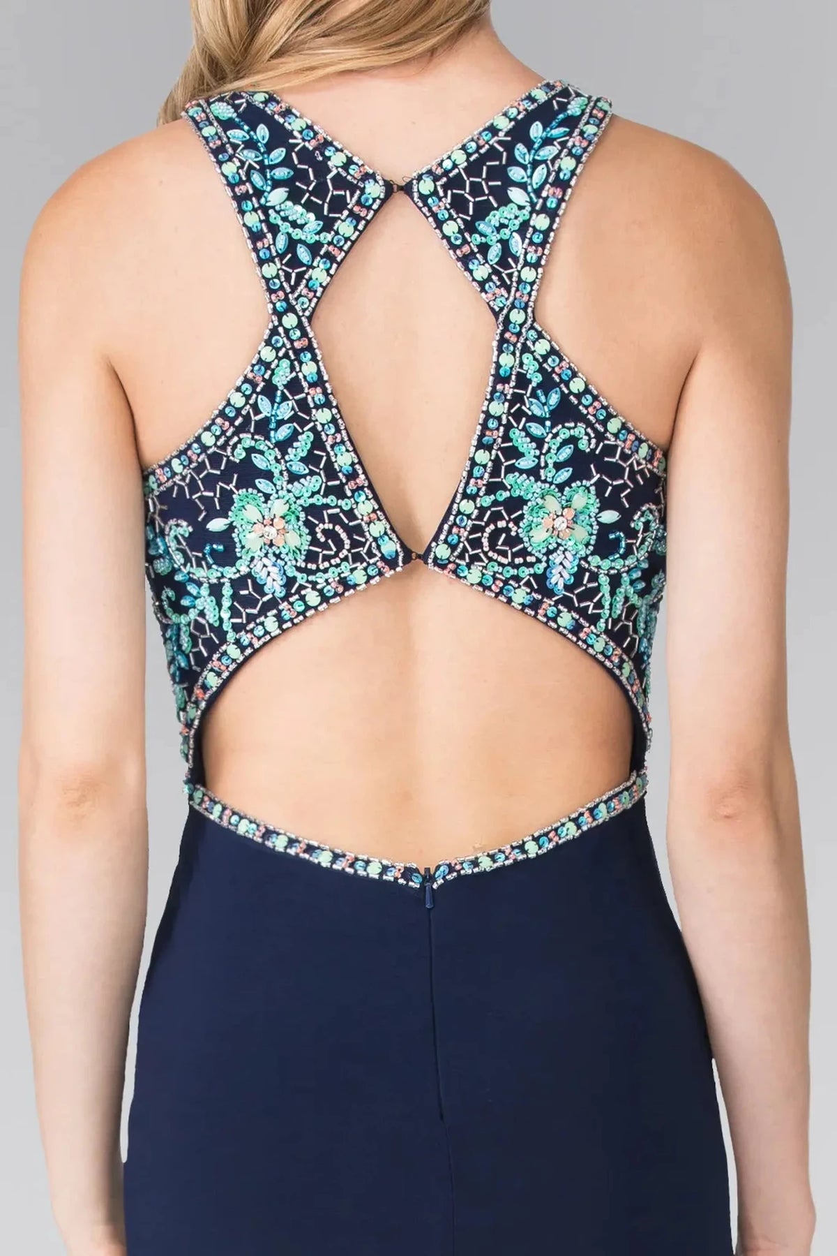 Navy prom evening dress mermaid skirt detail