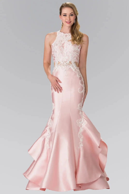 Full-length front view shows embroidered styling on the Blush prom evening dress.