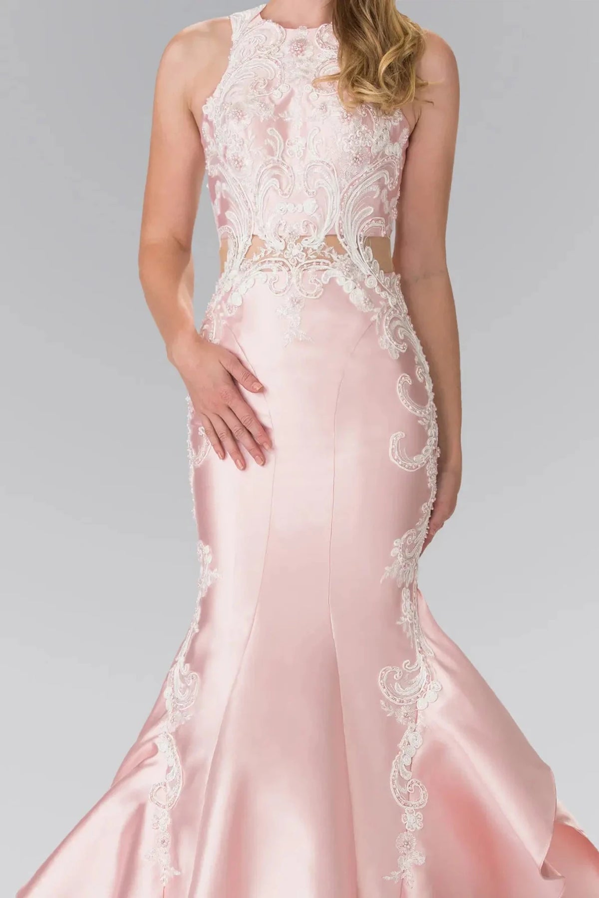 Blush high neck prom evening dress upper front with embroidery, jewel
