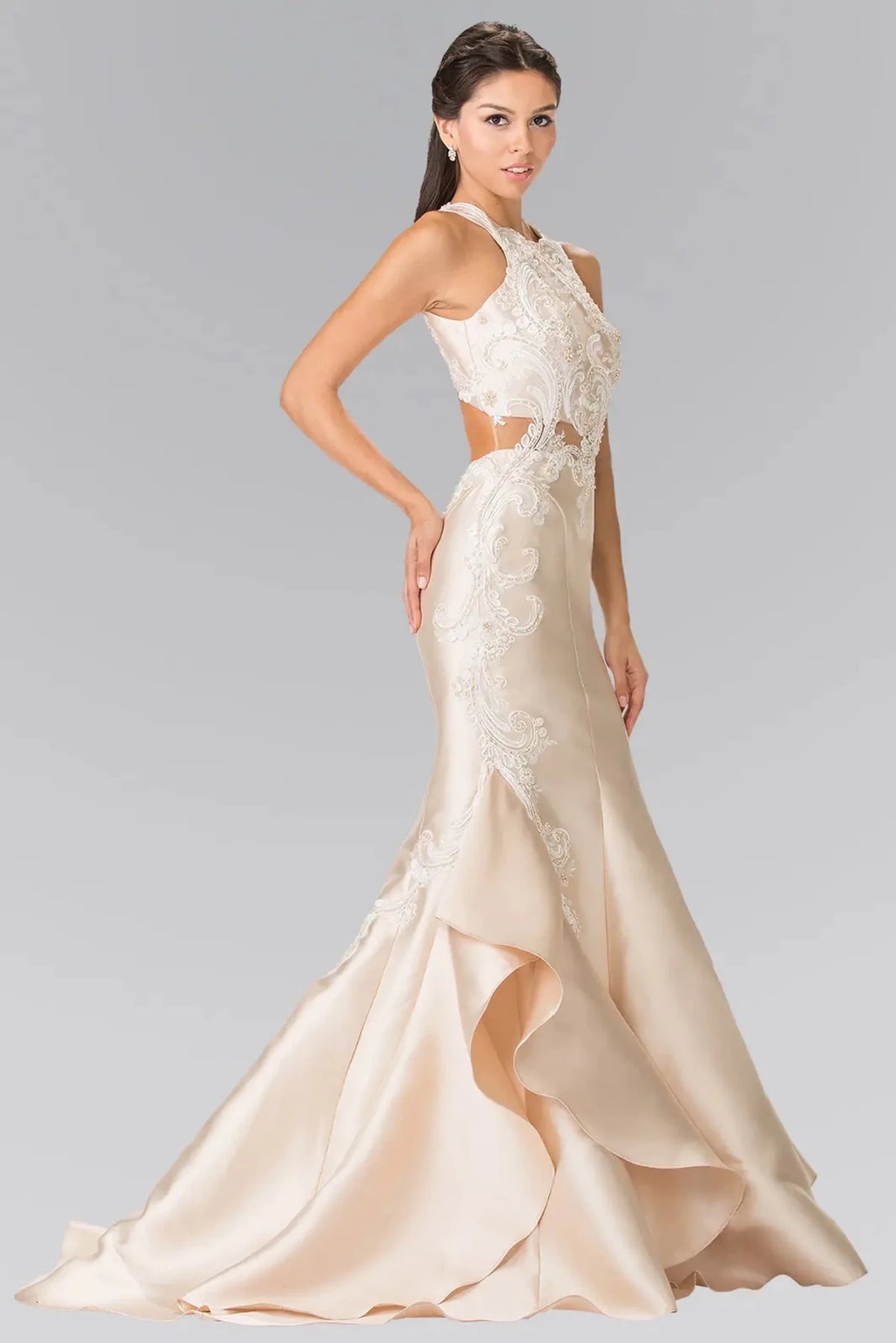 Champagne embroidered prom evening dress full front