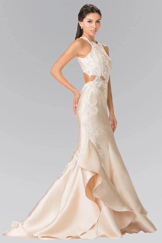 Full-length front view shows embroidered styling on the Champagne prom evening dress.