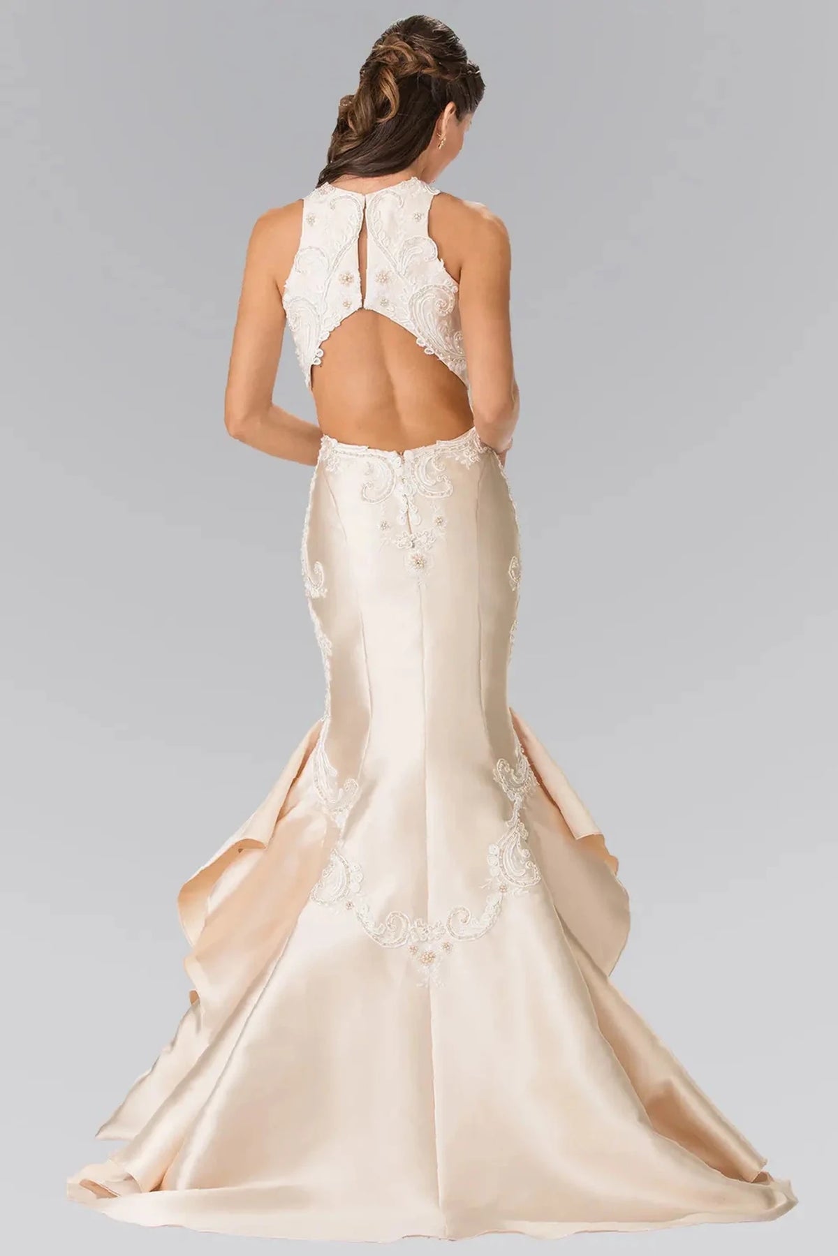 Champagne prom evening dress full back with back detail