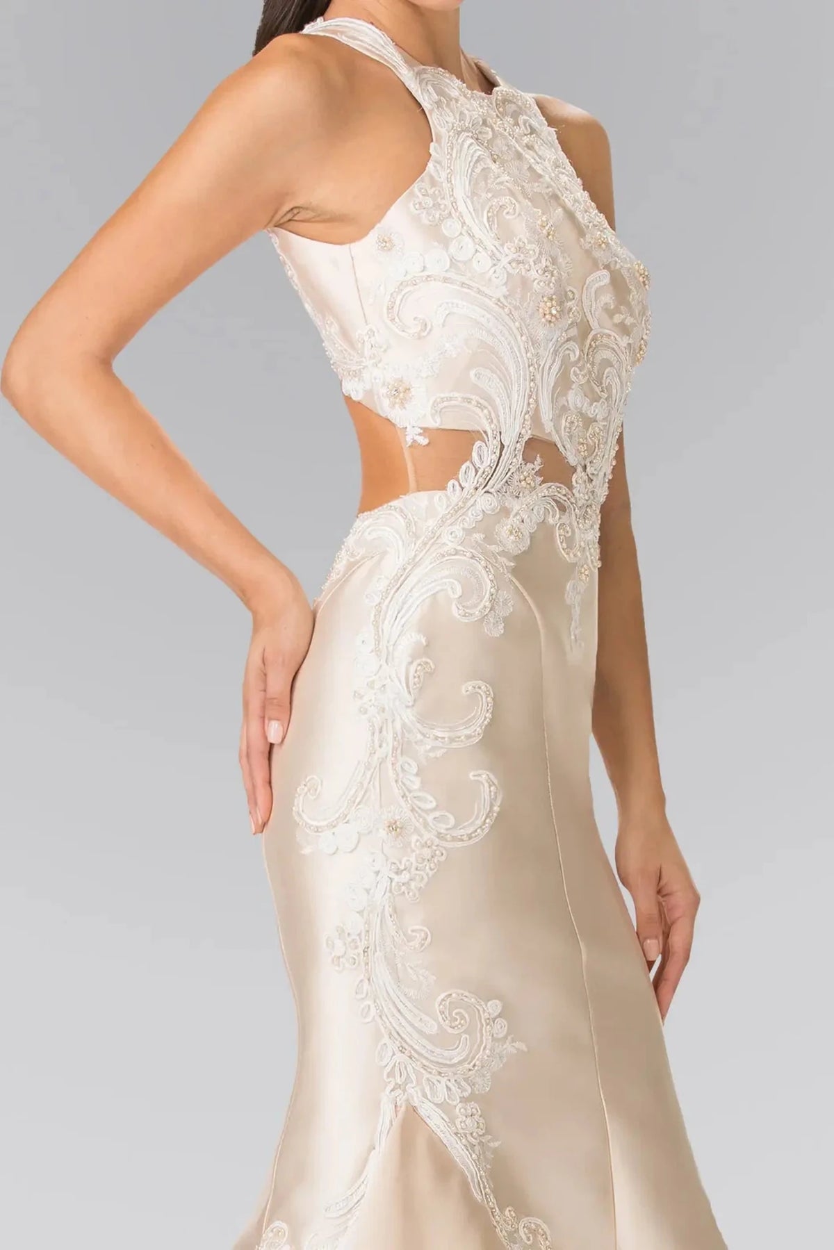 Champagne high neck prom evening dress upper front with embroidery, jewel