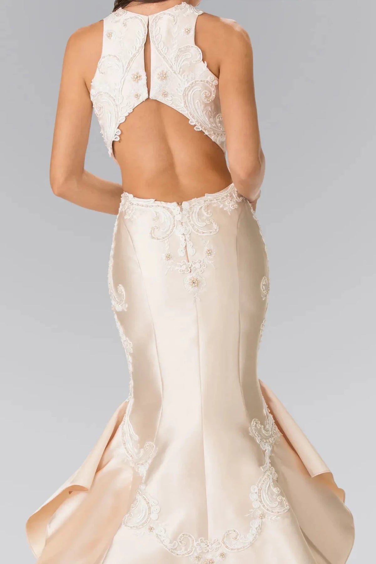 Champagne prom evening dress mermaid skirt detail