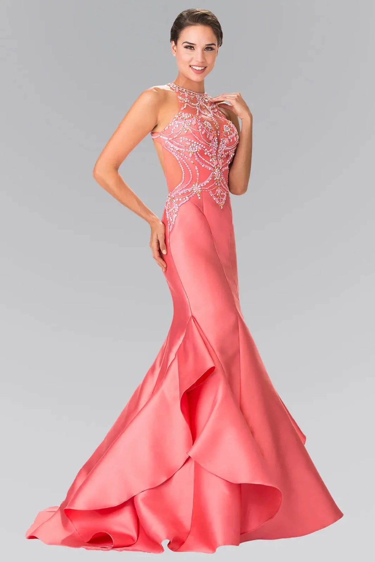 Coral beaded prom evening dress full front