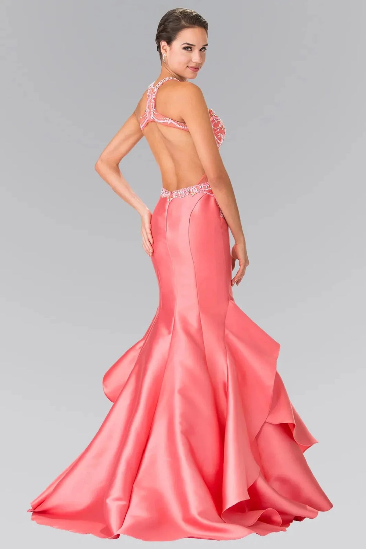Coral prom evening dress full back with back detail