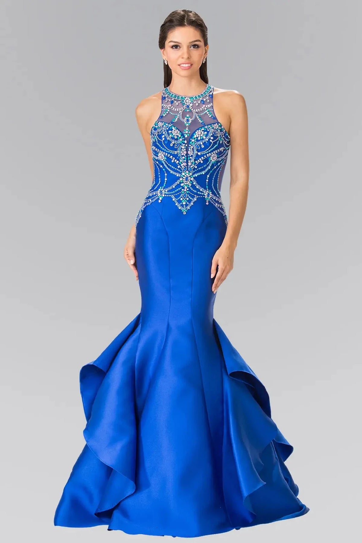 Royal Blue beaded prom evening dress full front