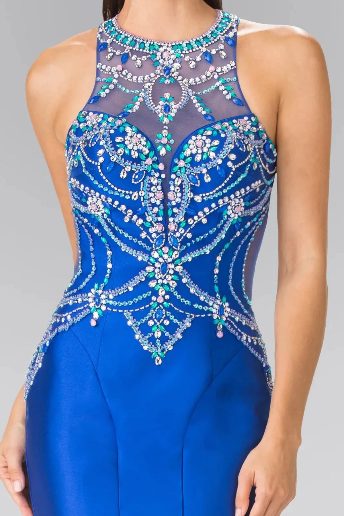 Royal Blue high neck prom evening dress upper front with beads