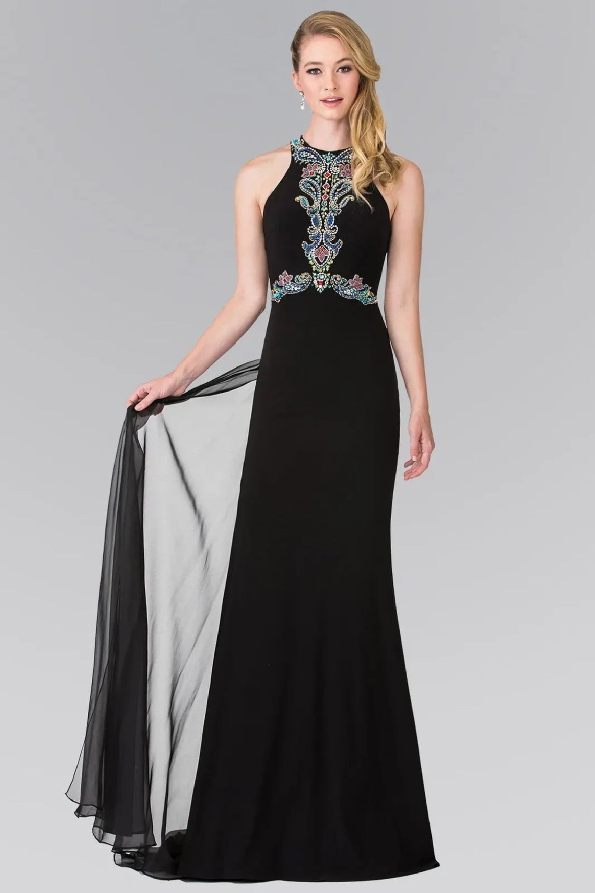 Black beading embellished formal dress front bodice view