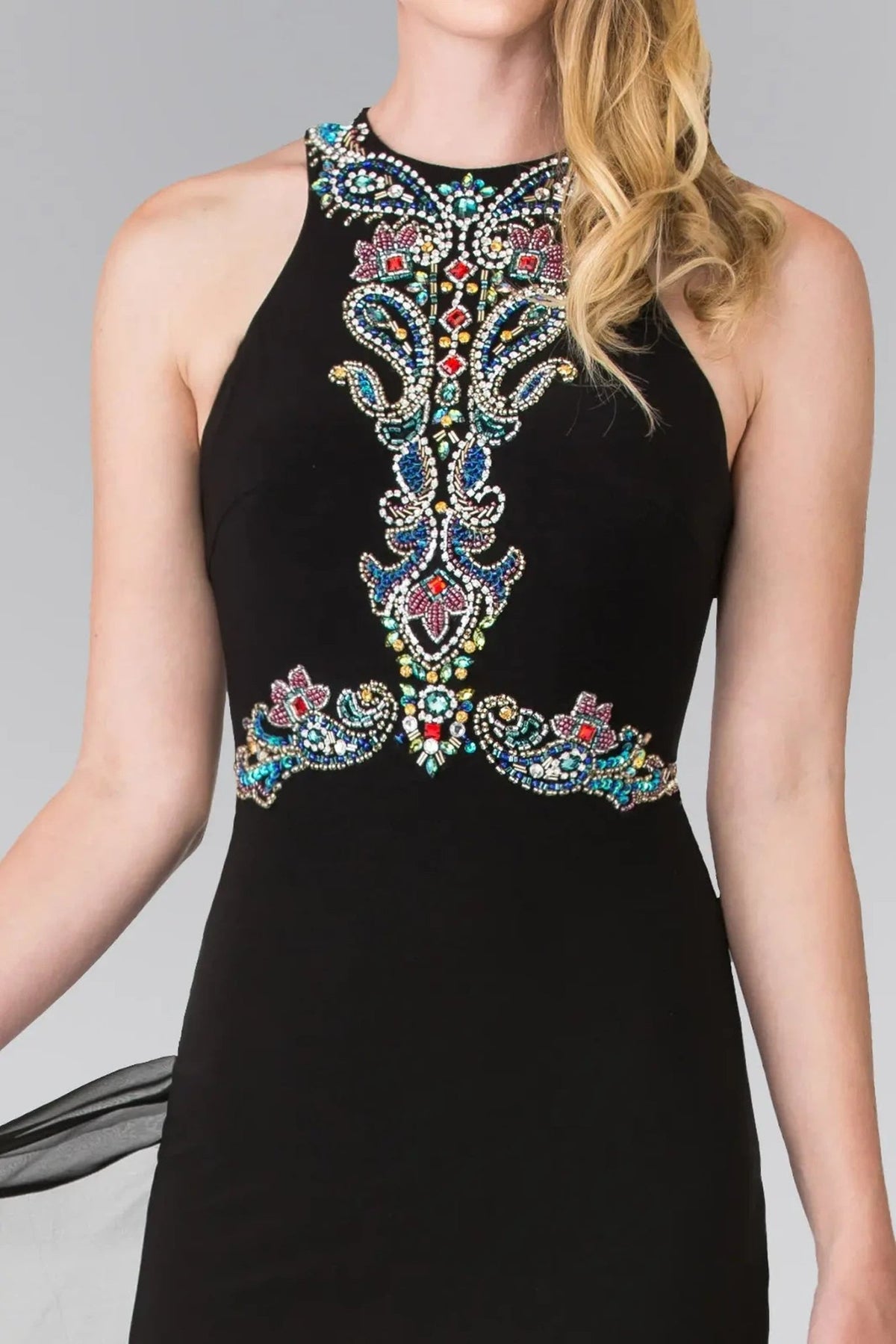 Black beading embellished formal dress skirt detail