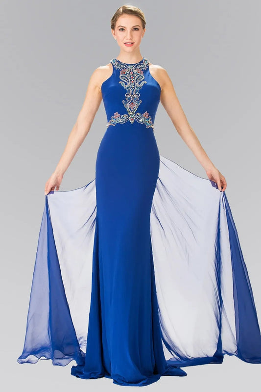Bodice close-up highlights royal Blue beading embellished formal dress.