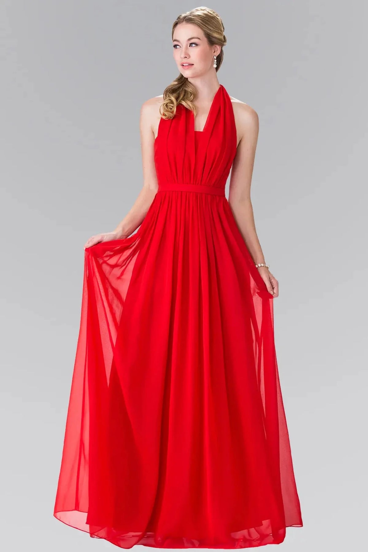 Red halter halter prom evening dress full front