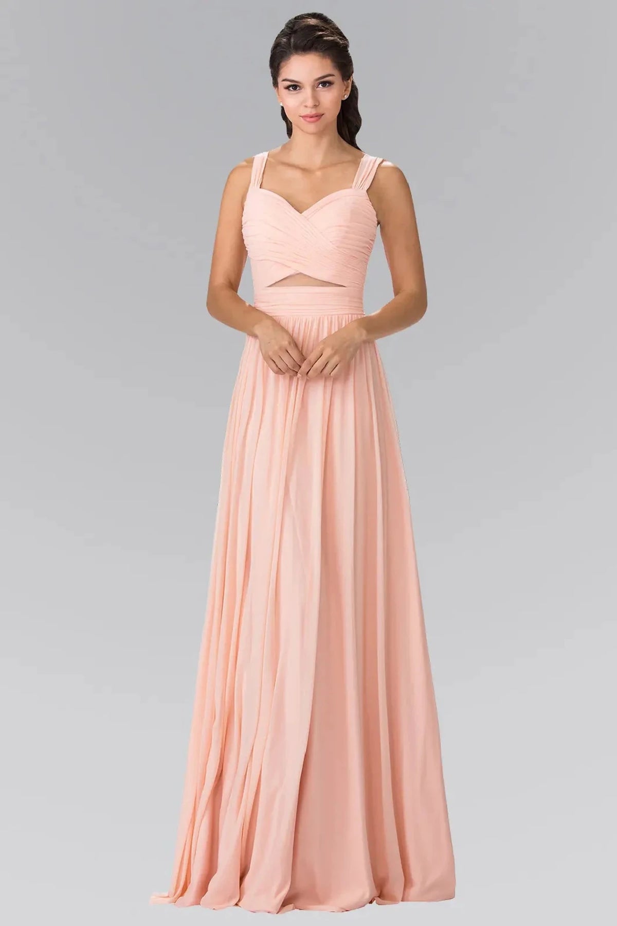Blush pleated prom evening dress full front