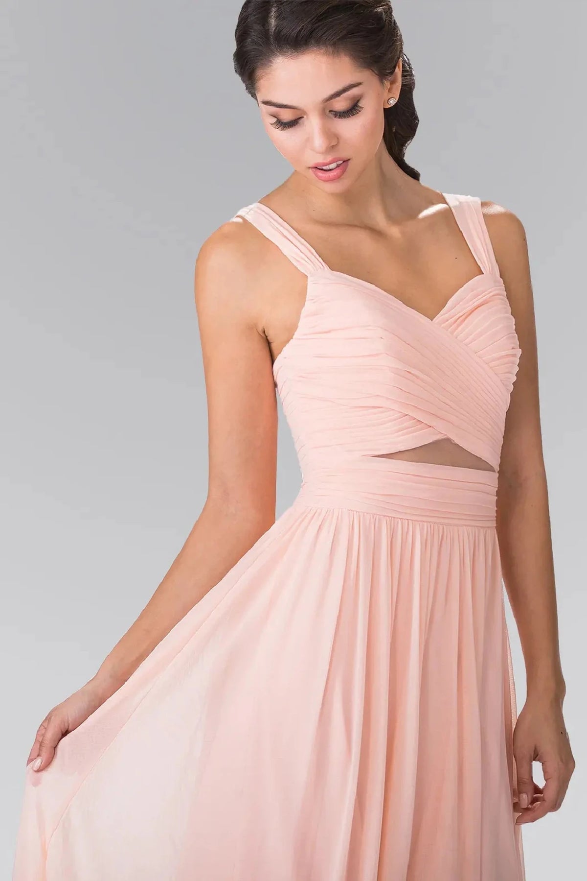Blush sweetheart prom evening dress upper front with pleating, sheer detail, cut-out