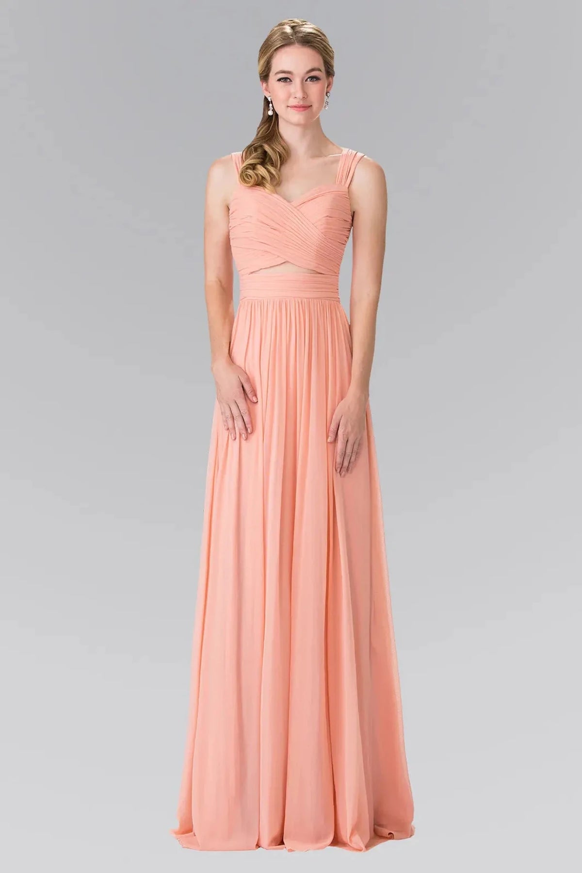 Full-length front view shows pleated styling on the Coral prom evening dress.