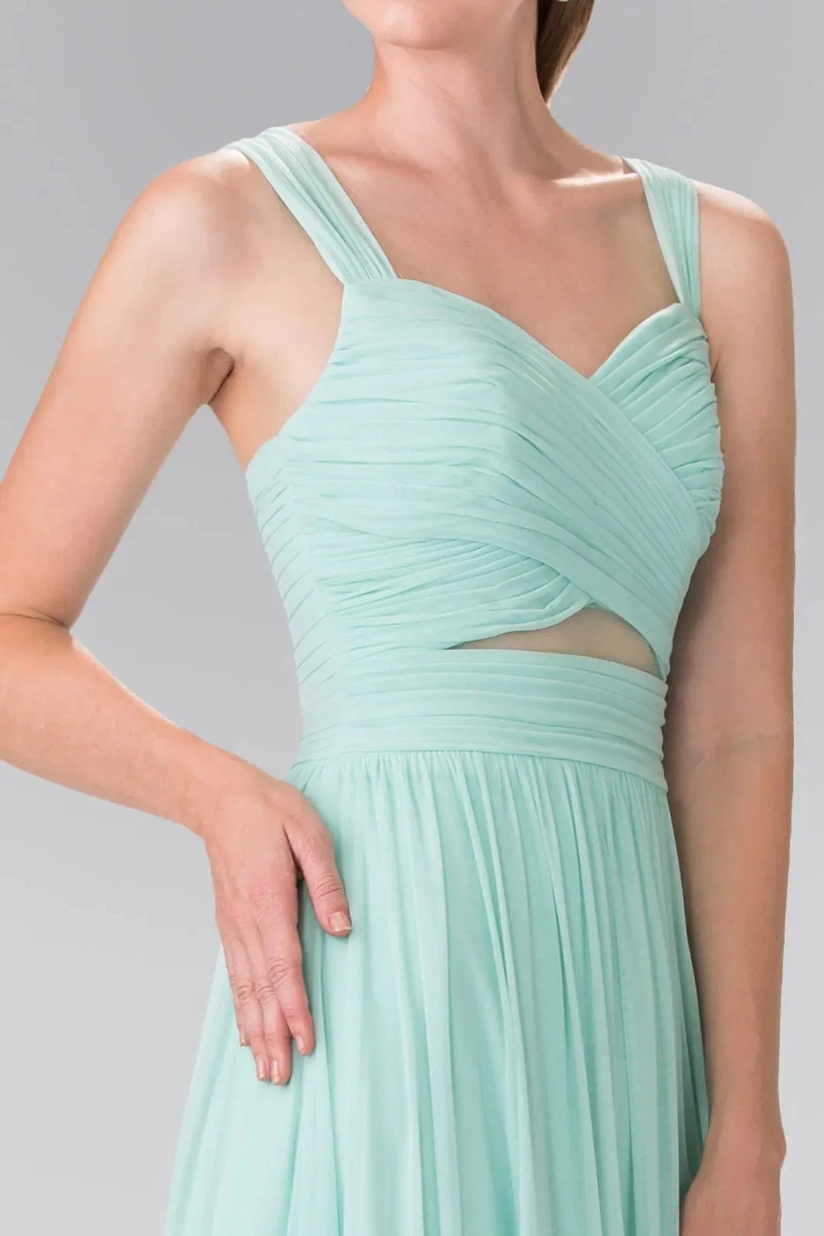 Mint sweetheart prom evening dress upper front with pleating, sheer detail, cut-out