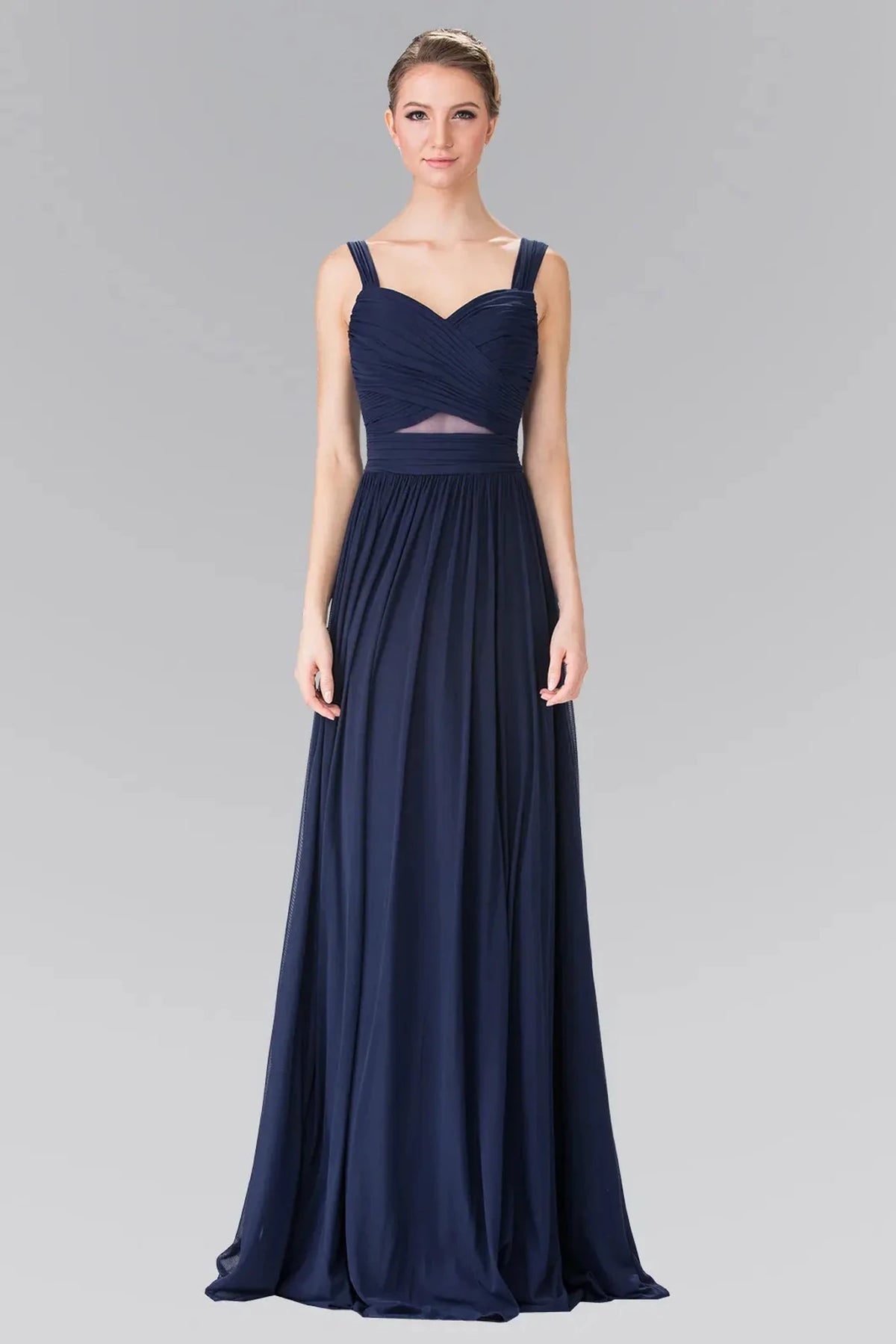 Navy pleated prom evening dress full front
