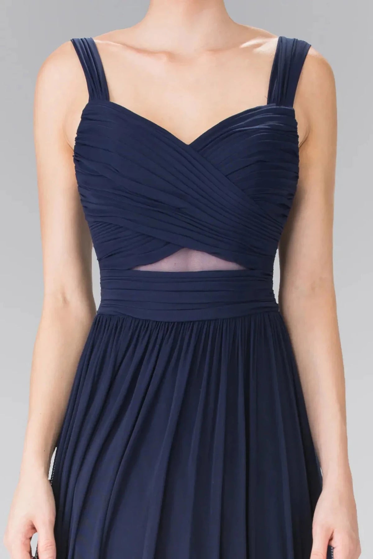 Navy sweetheart prom evening dress upper front with pleating, sheer detail, cut-out