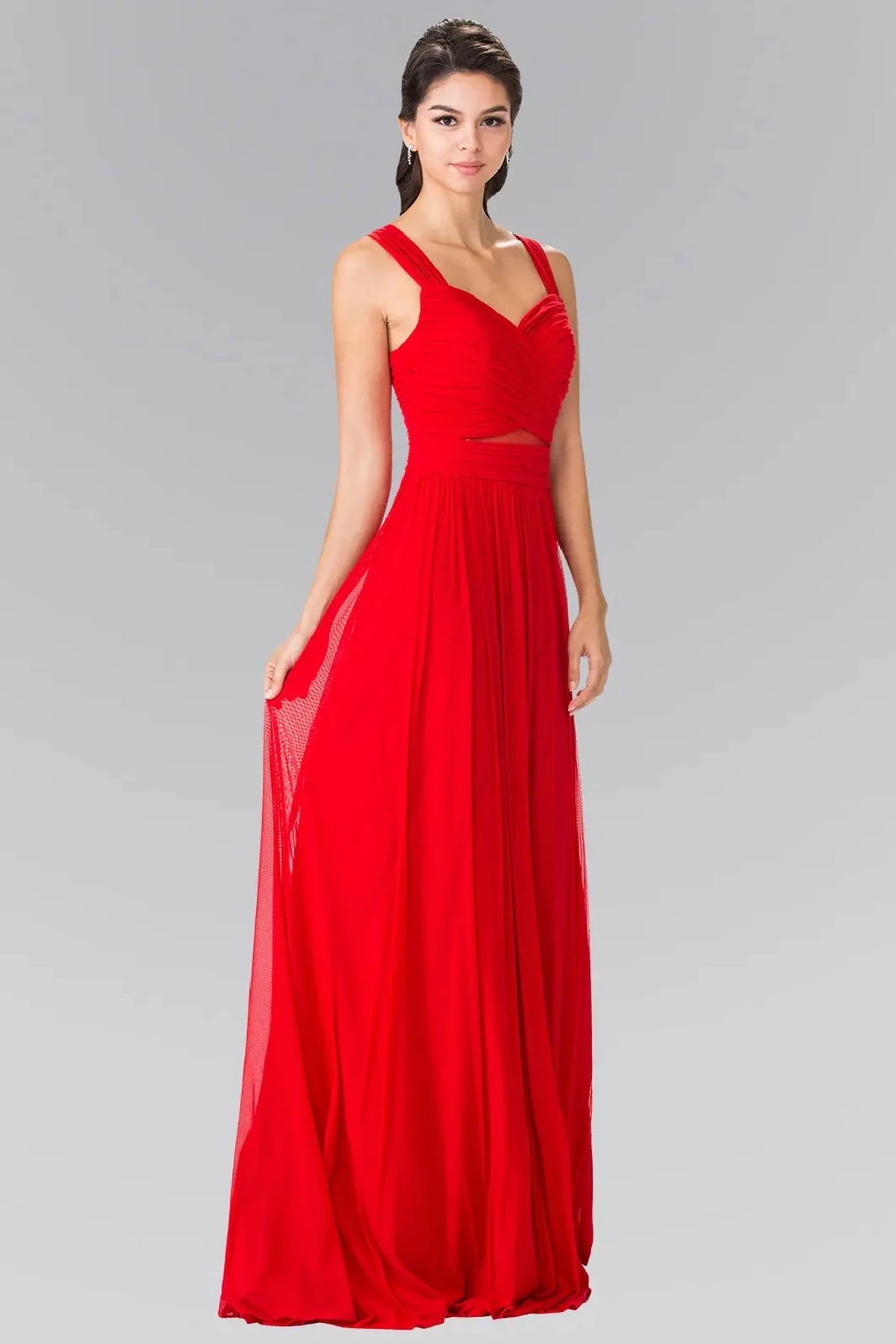 Red pleated prom evening dress full front