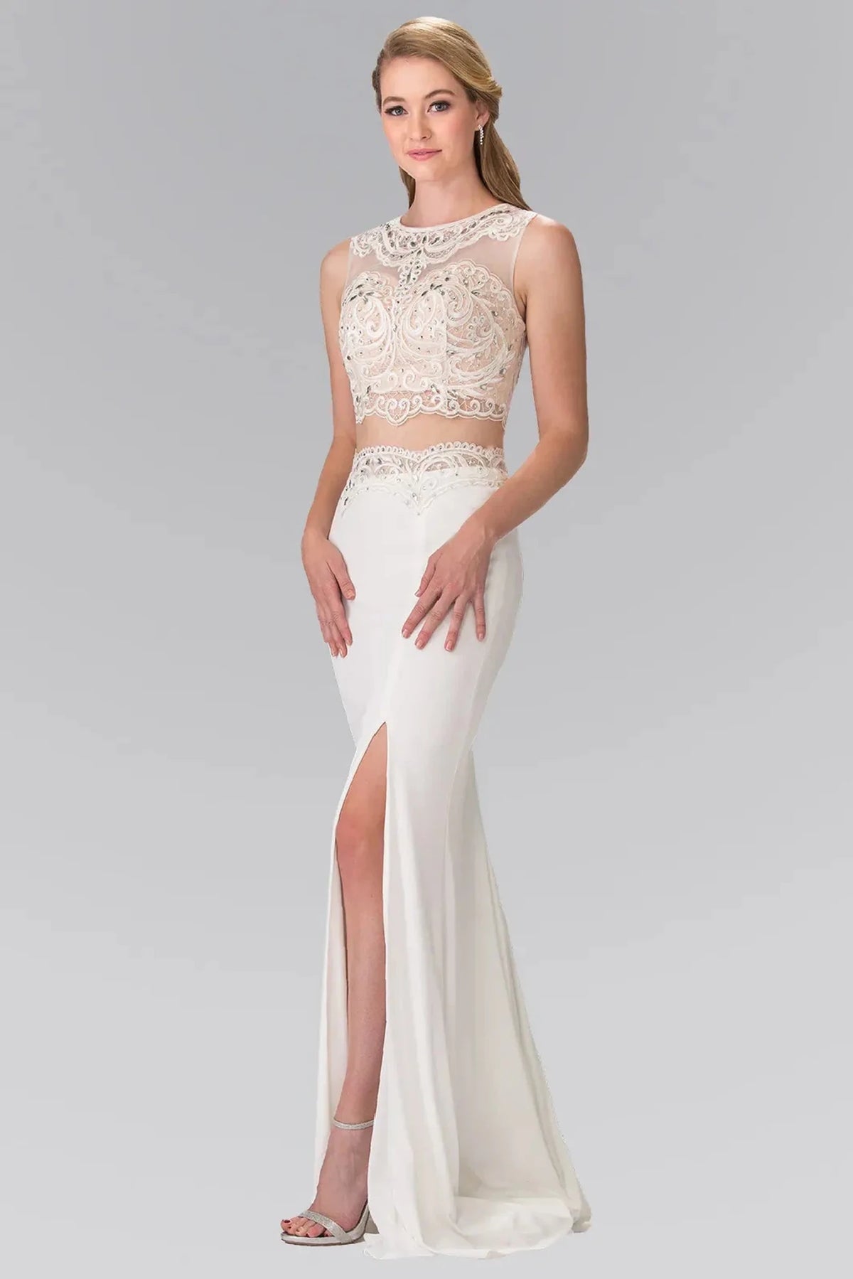 Ivory beaded prom evening dress full front
