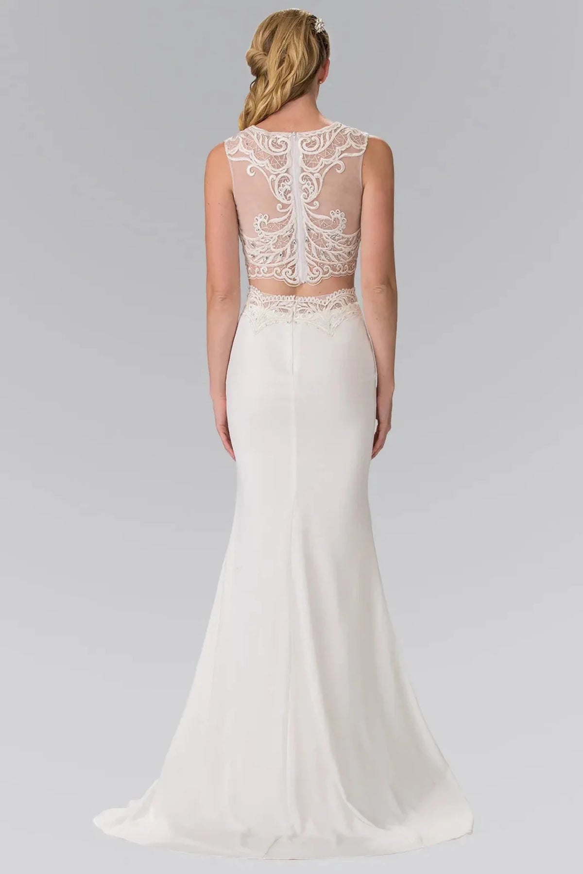 Ivory prom evening dress full back with sheer back