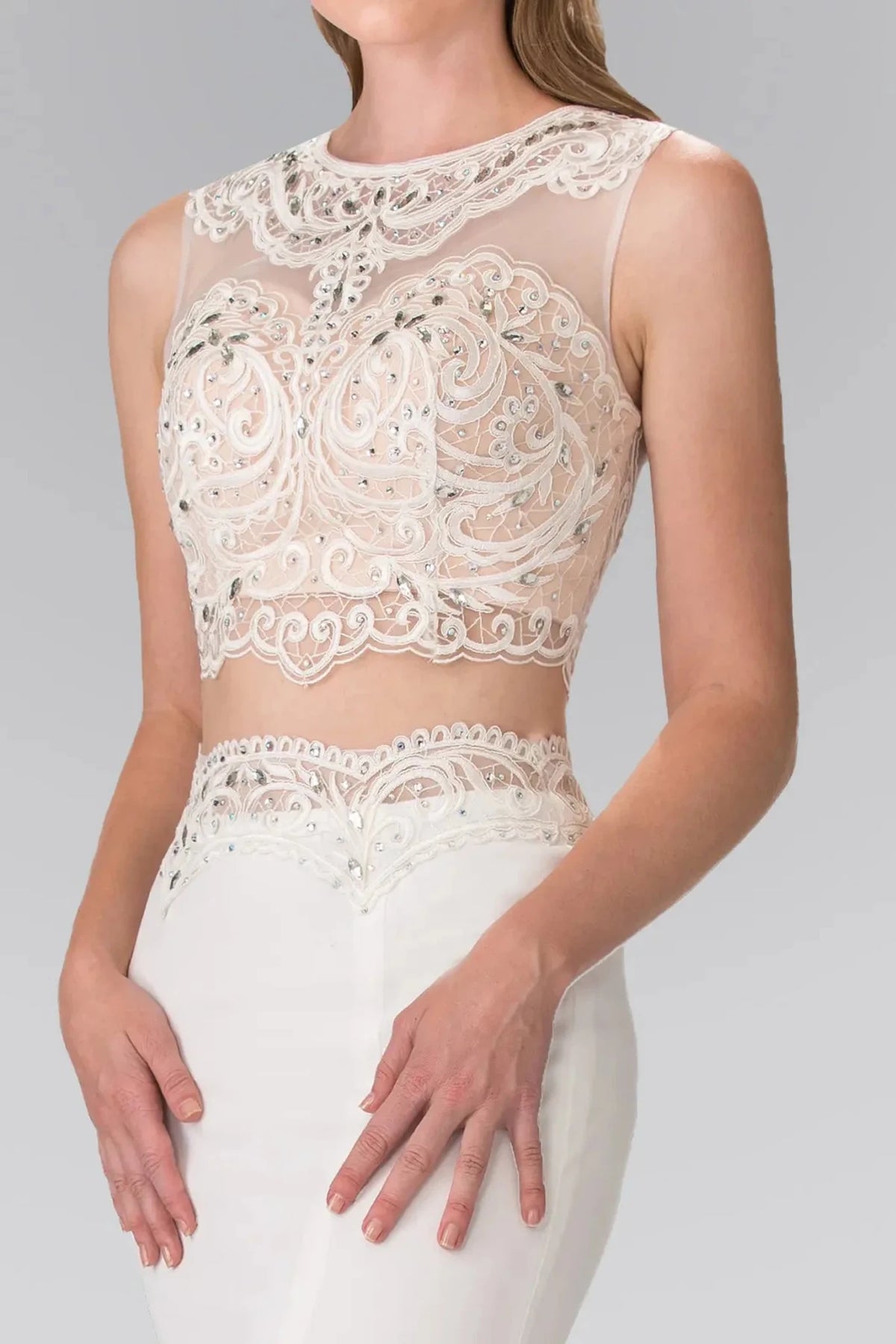 Ivory crew-neck prom evening dress upper front with jewel