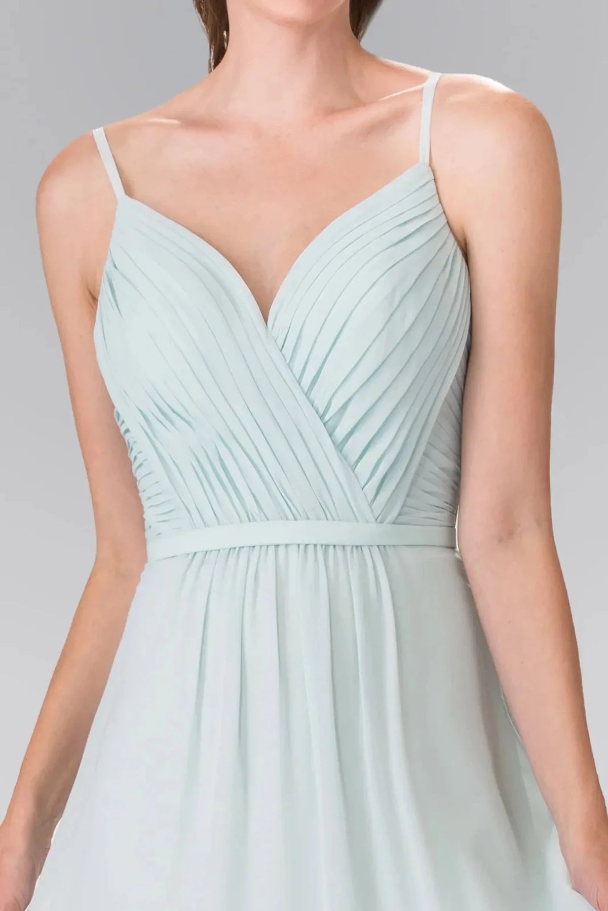 Mint v-neck prom evening dress upper front with sweetheart, spaghetti straps