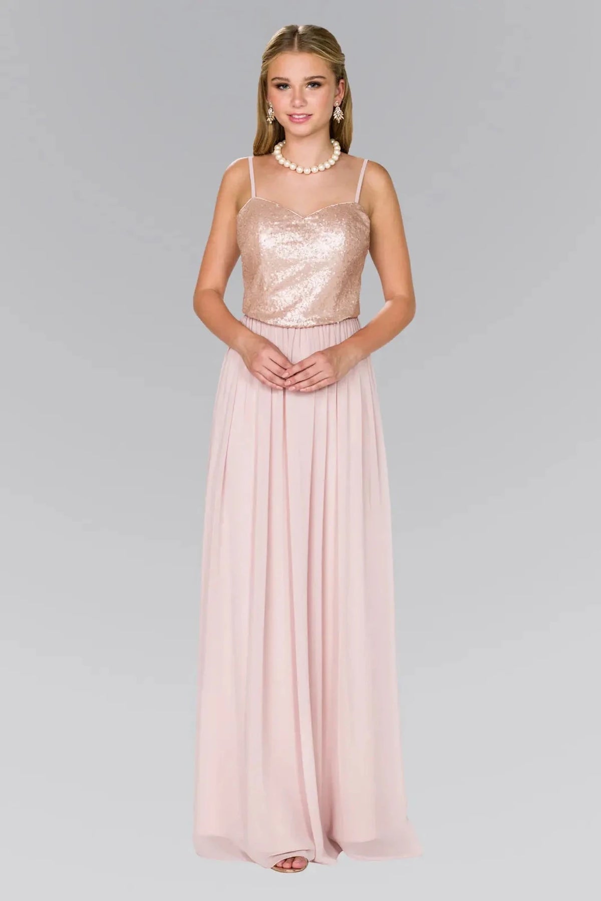 Champagne sequin prom evening dress full front