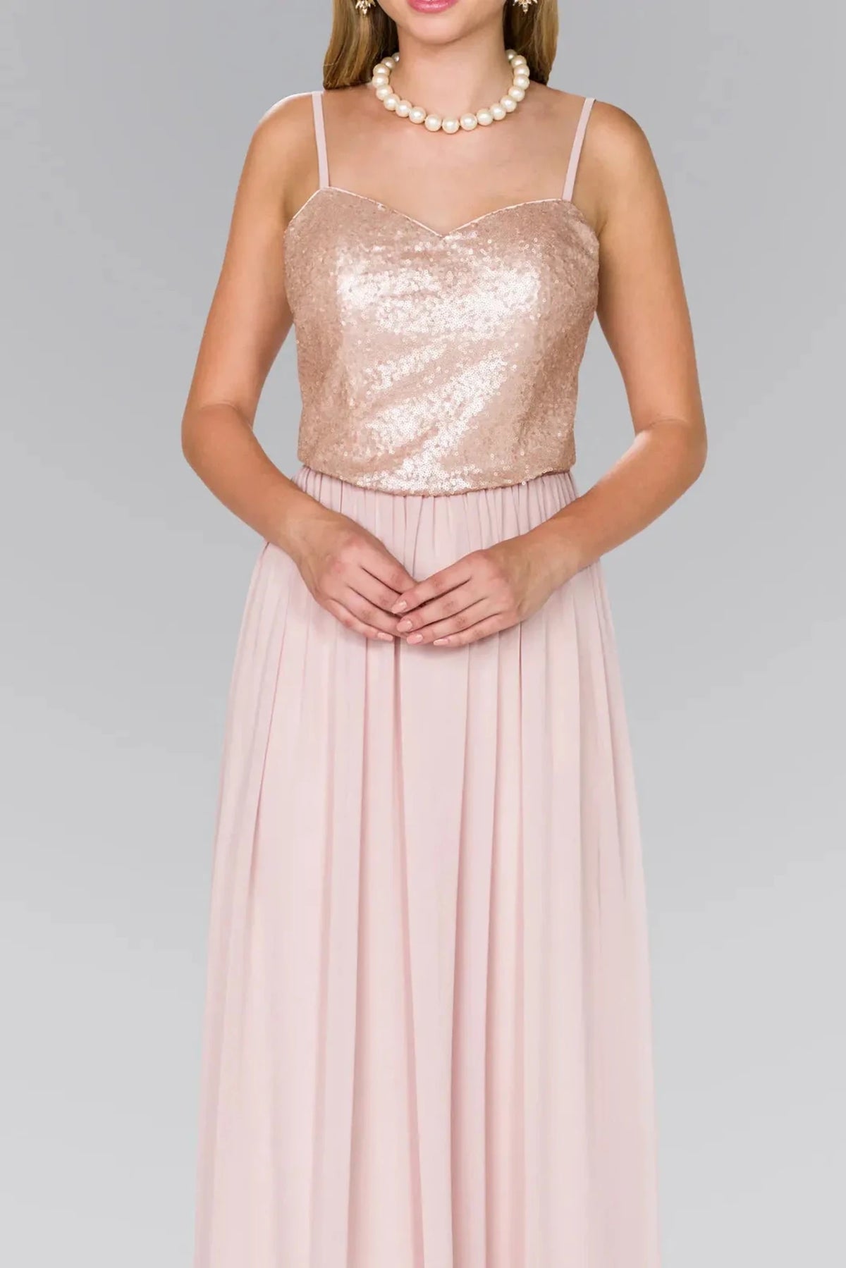 Champagne sweetheart prom evening dress upper front with sequin