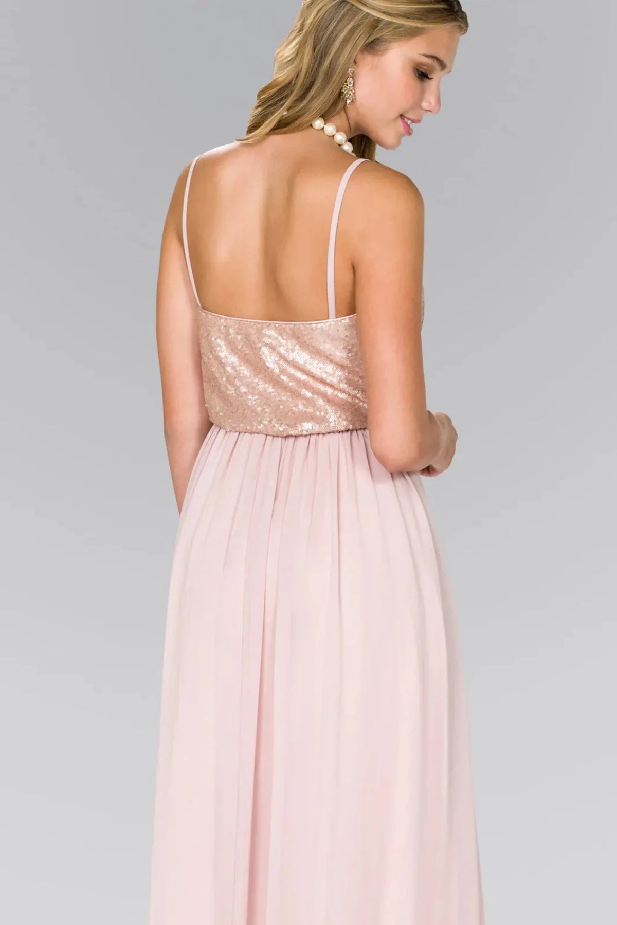 Champagne prom evening dress a-line skirt detail