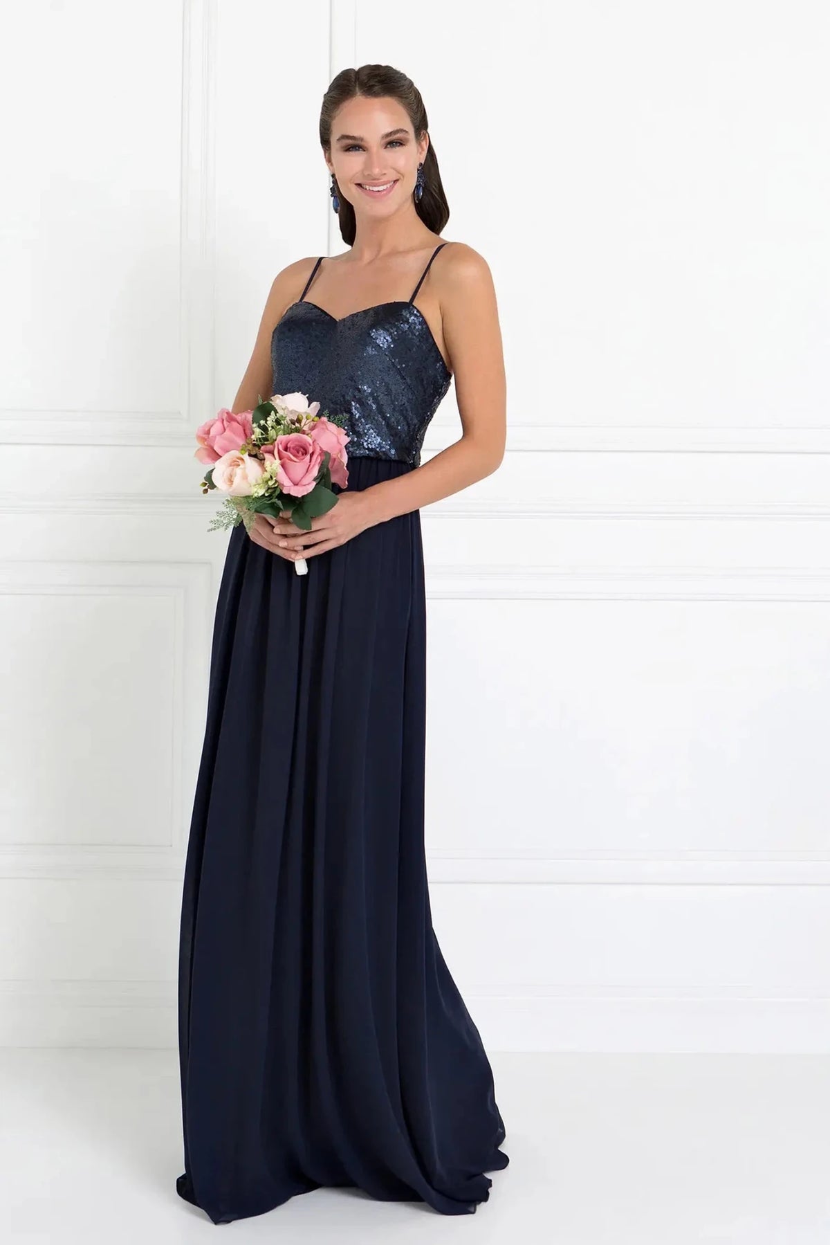 Navy sequin prom evening dress full front