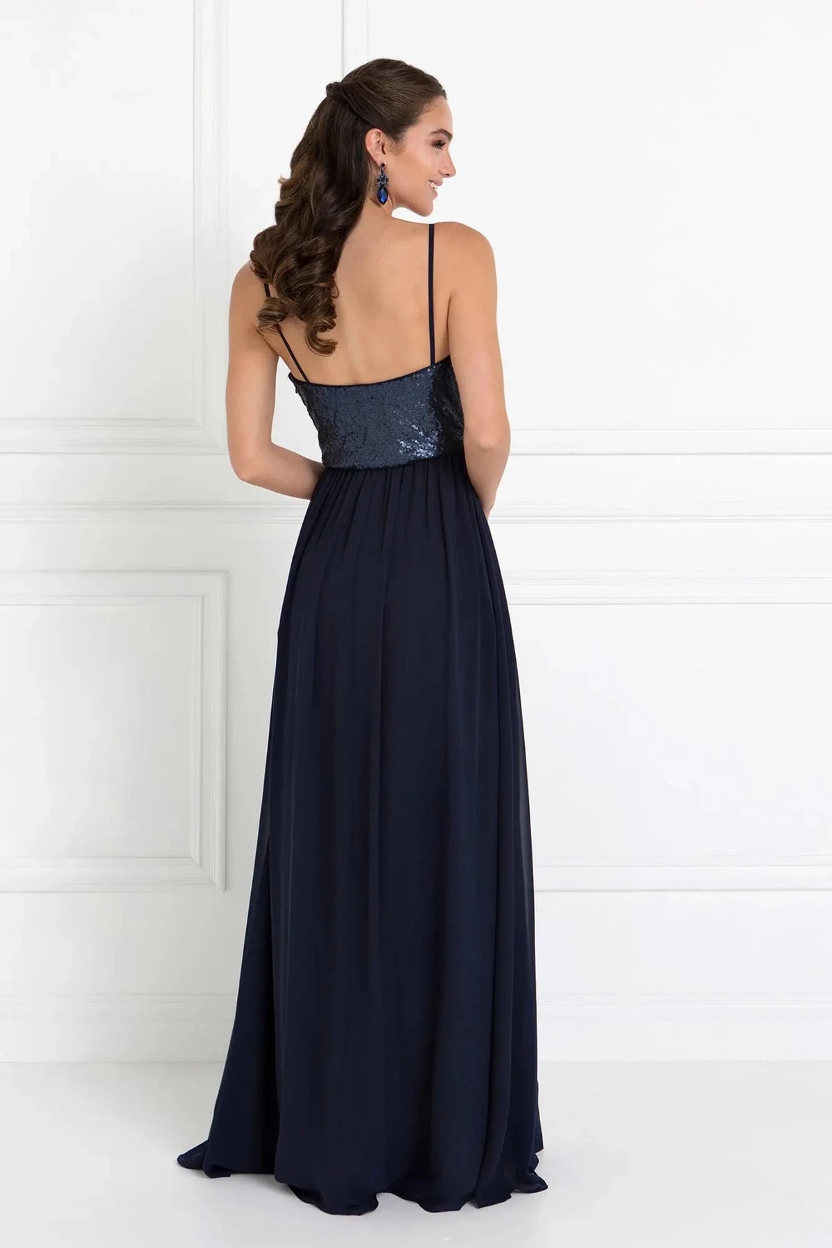 Navy sweetheart prom evening dress upper front with sequin