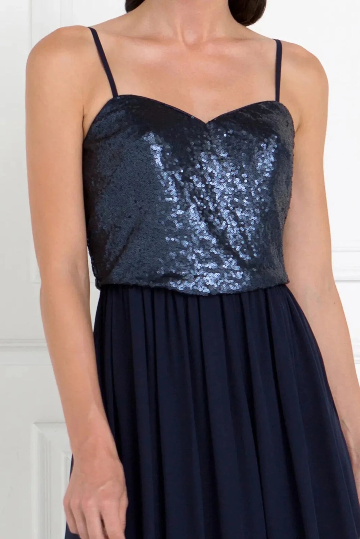 Navy prom evening dress a-line skirt detail