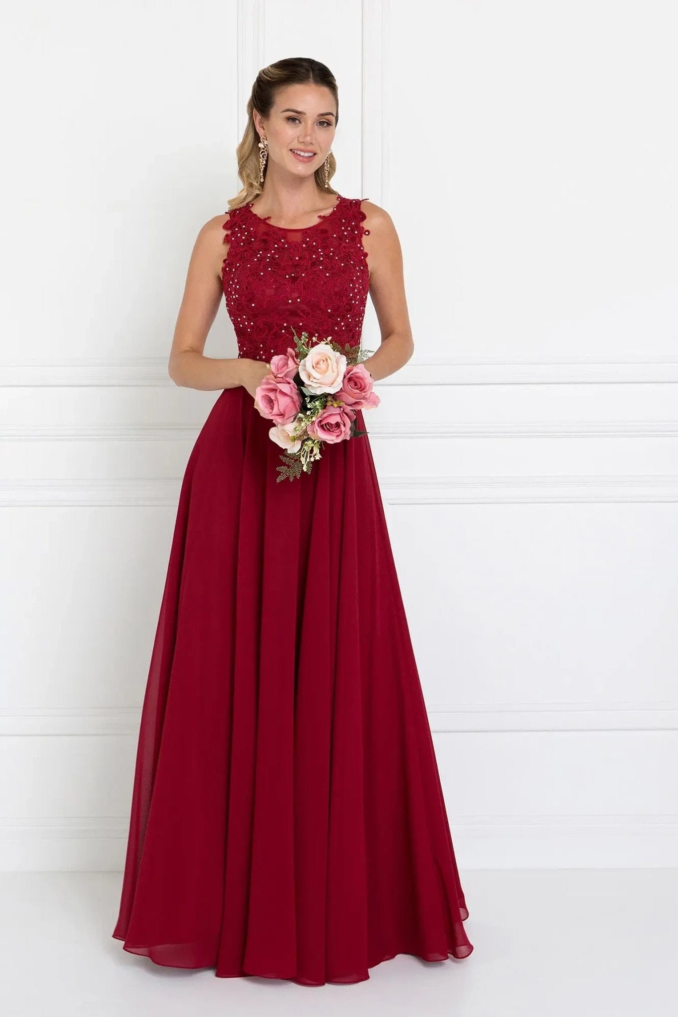 Burgundy embellished formal dress detail